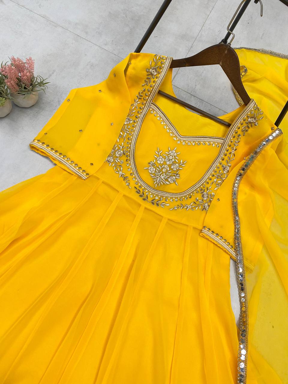 Yellow Gown & Pant Set with Sequence Embroidery and Lace Border Dupatta