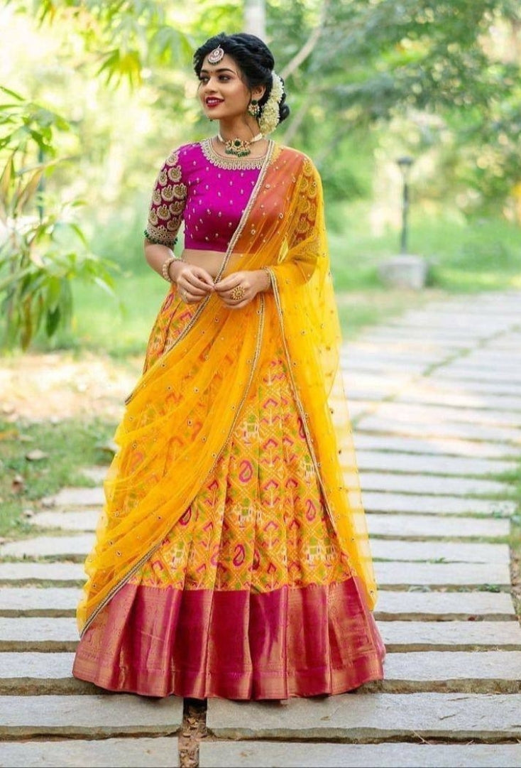 Yellow Kanchipuram Silk Lehenga Choli with Zari Weaving Net Dupatta