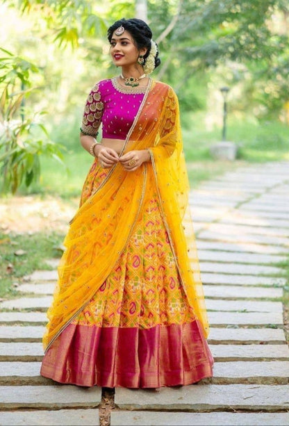 Yellow Kanchipuram Silk Lehenga Choli with Zari Weaving Net Dupatta