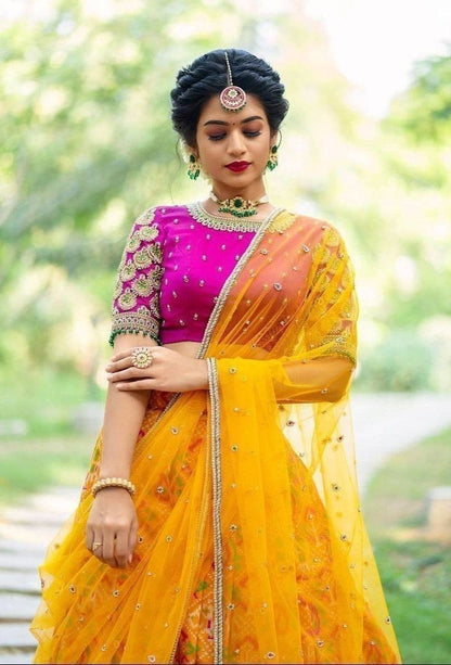 Yellow Kanchipuram Silk Lehenga Choli with Zari Weaving Net Dupatta