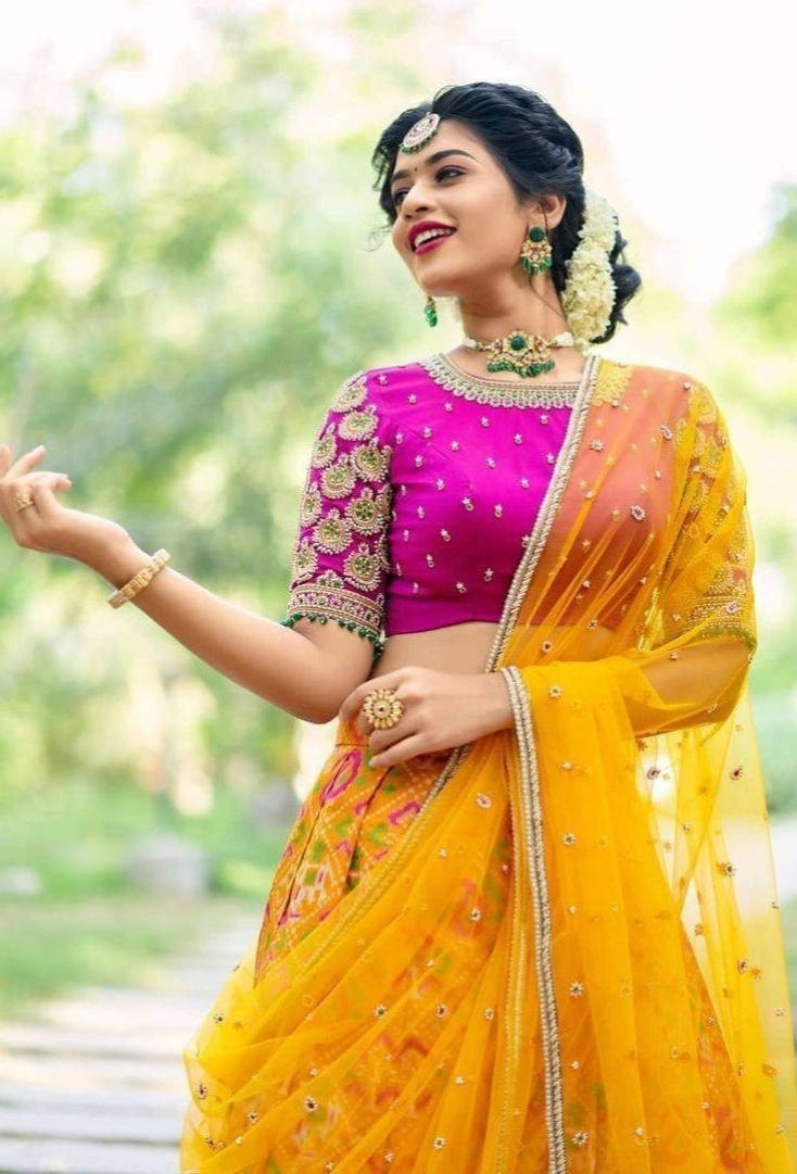 Yellow Kanchipuram Silk Lehenga Choli with Zari Weaving Net Dupatta