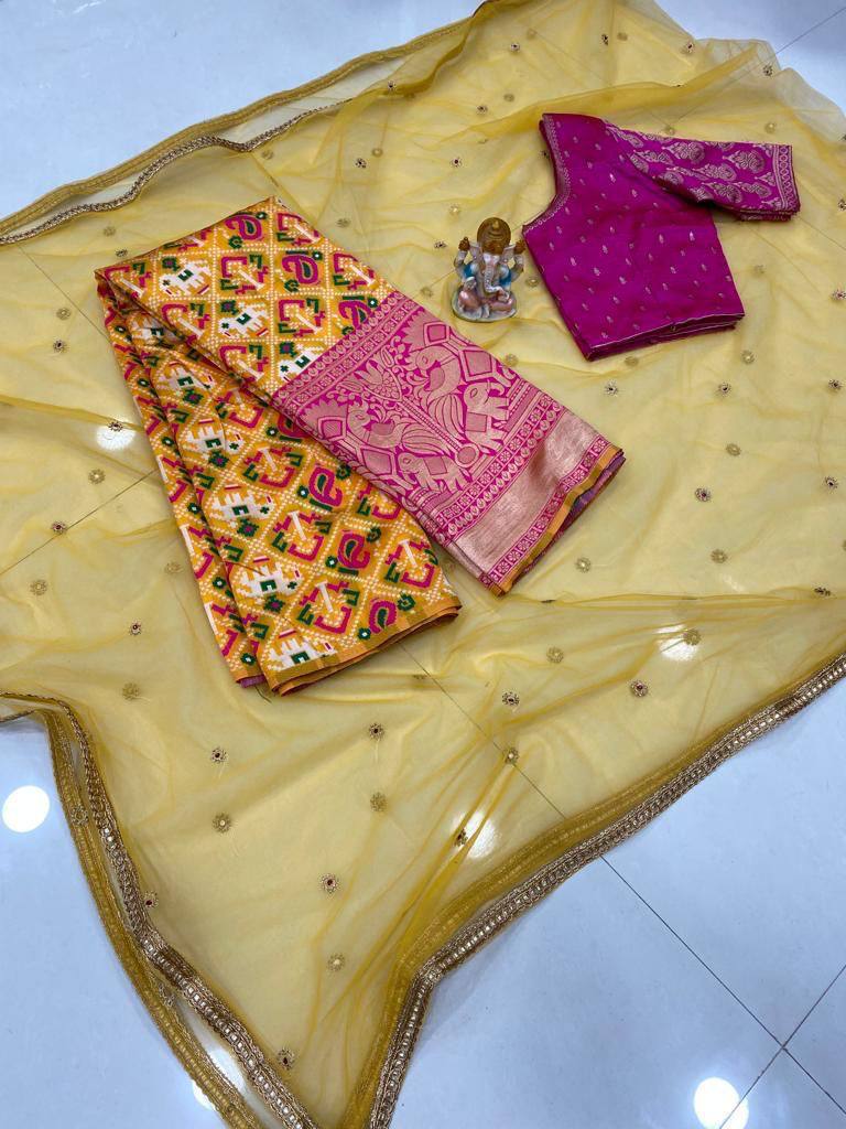 Yellow Kanchipuram Silk Lehenga Choli with Zari Weaving Net Dupatta