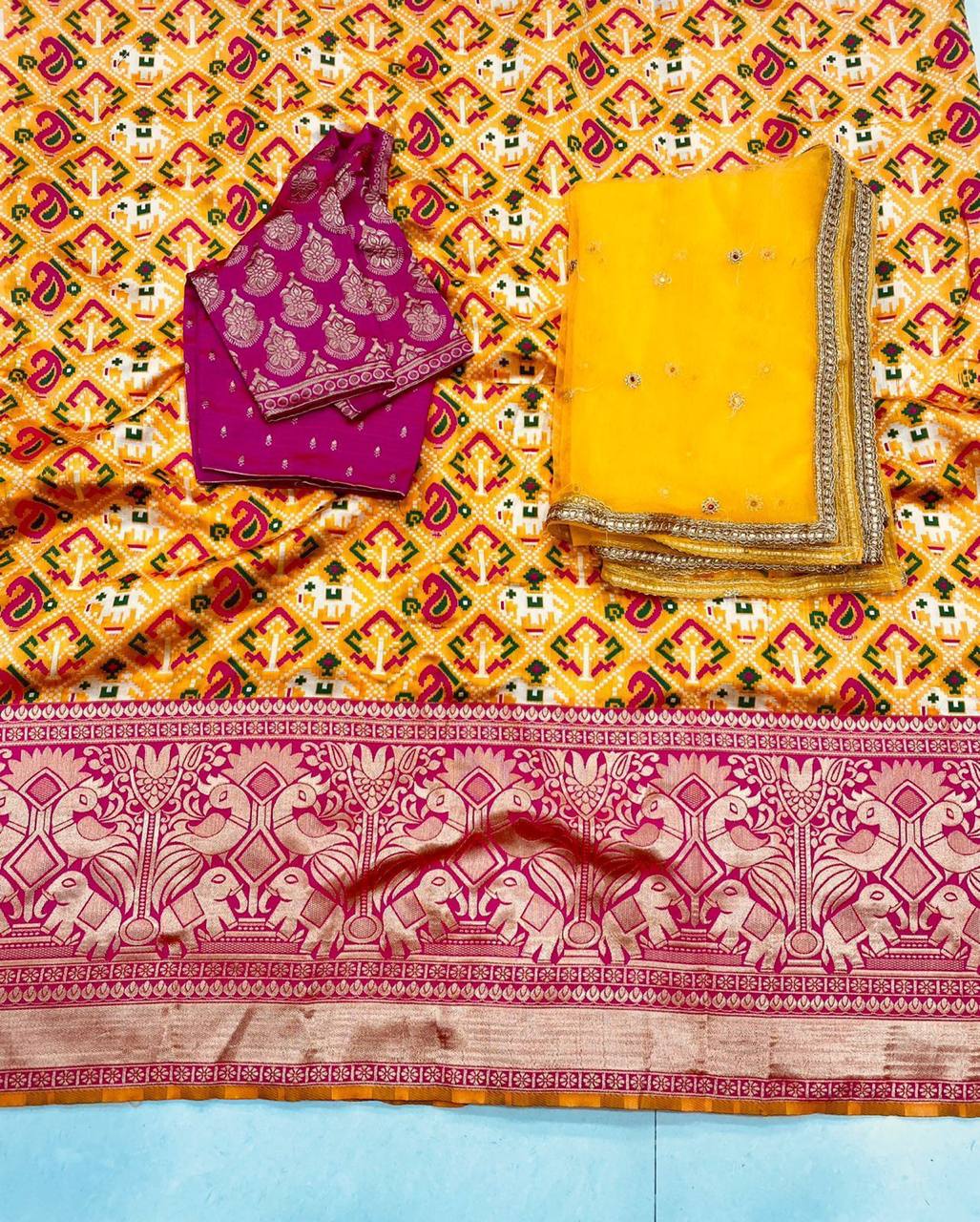 Yellow Kanchipuram Silk Lehenga Choli with Zari Weaving Net Dupatta
