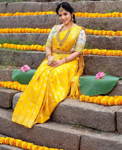 Yellow Kanchipuram Silk Saree with Weaving & Contrast Woven Blouse