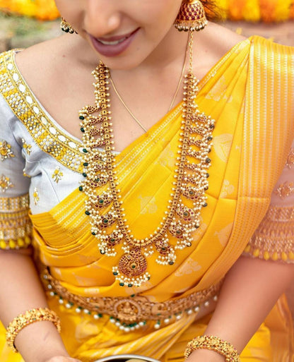 Yellow Kanchipuram Silk Saree with Weaving & Contrast Woven Blouse