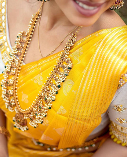 Yellow Kanchipuram Silk Saree with Weaving & Contrast Woven Blouse