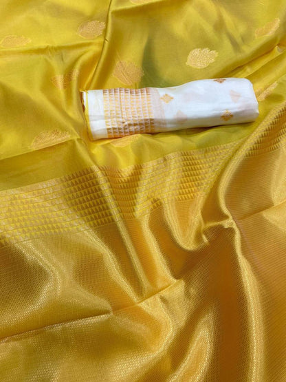 Yellow Kanchipuram Silk Saree with Weaving & Contrast Woven Blouse