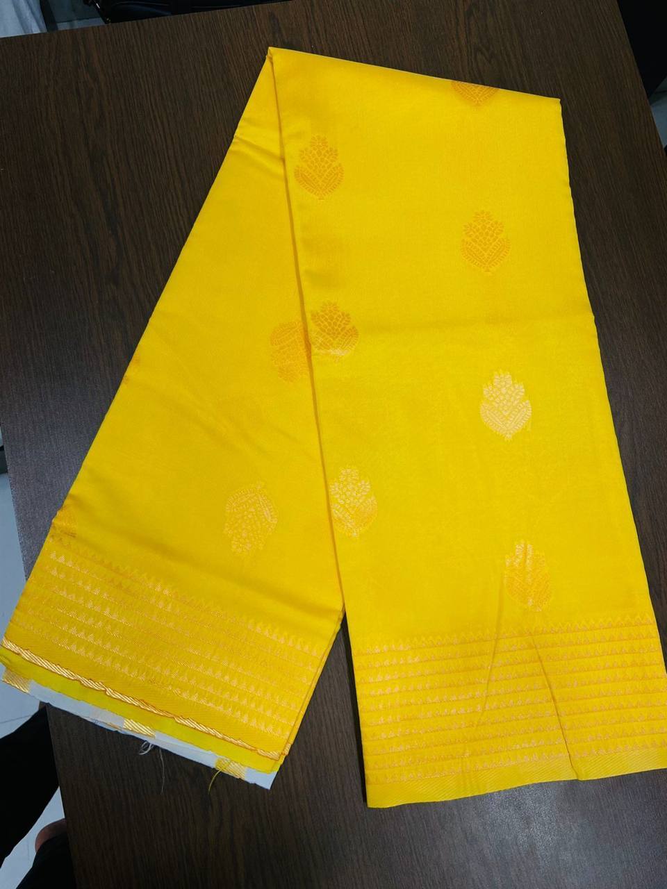 Yellow Kanchipuram Silk Saree with Weaving & Contrast Woven Blouse