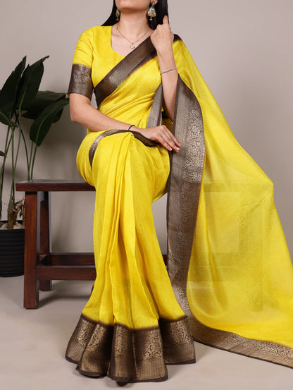 Yellow Marsh Mello Zari Weaving Saree with Matching Blouse