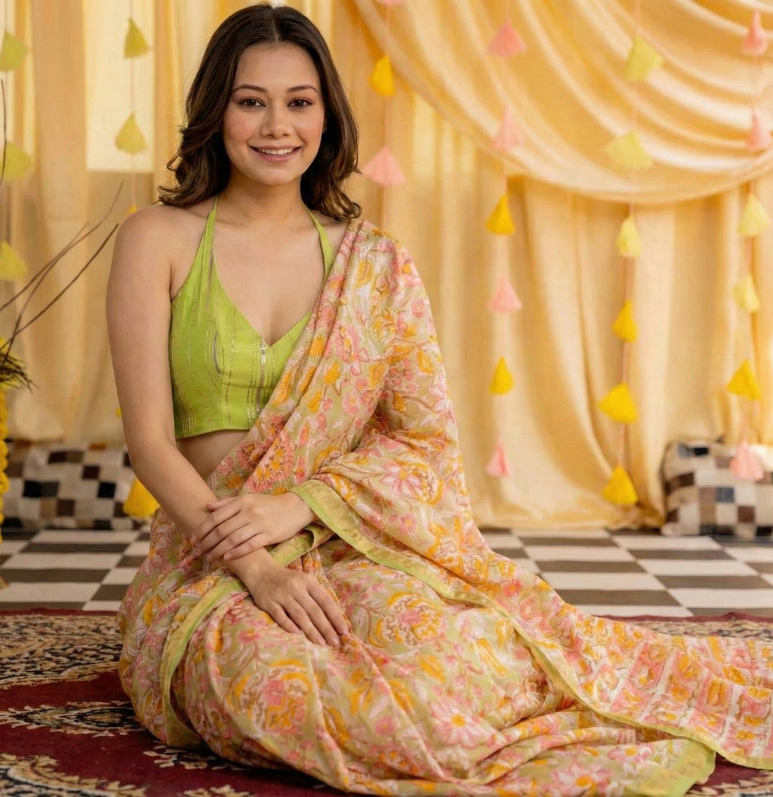 Yellow Mulmul Cotton Digital Print Saree with lime green Mulmul Blouse