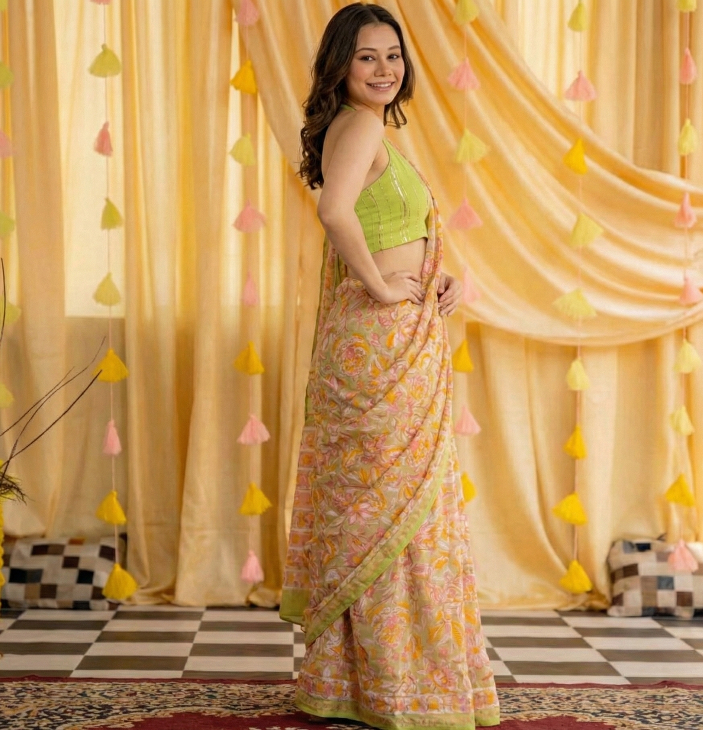 Yellow Mulmul Cotton Digital Print Saree with lime green Mulmul Blouse