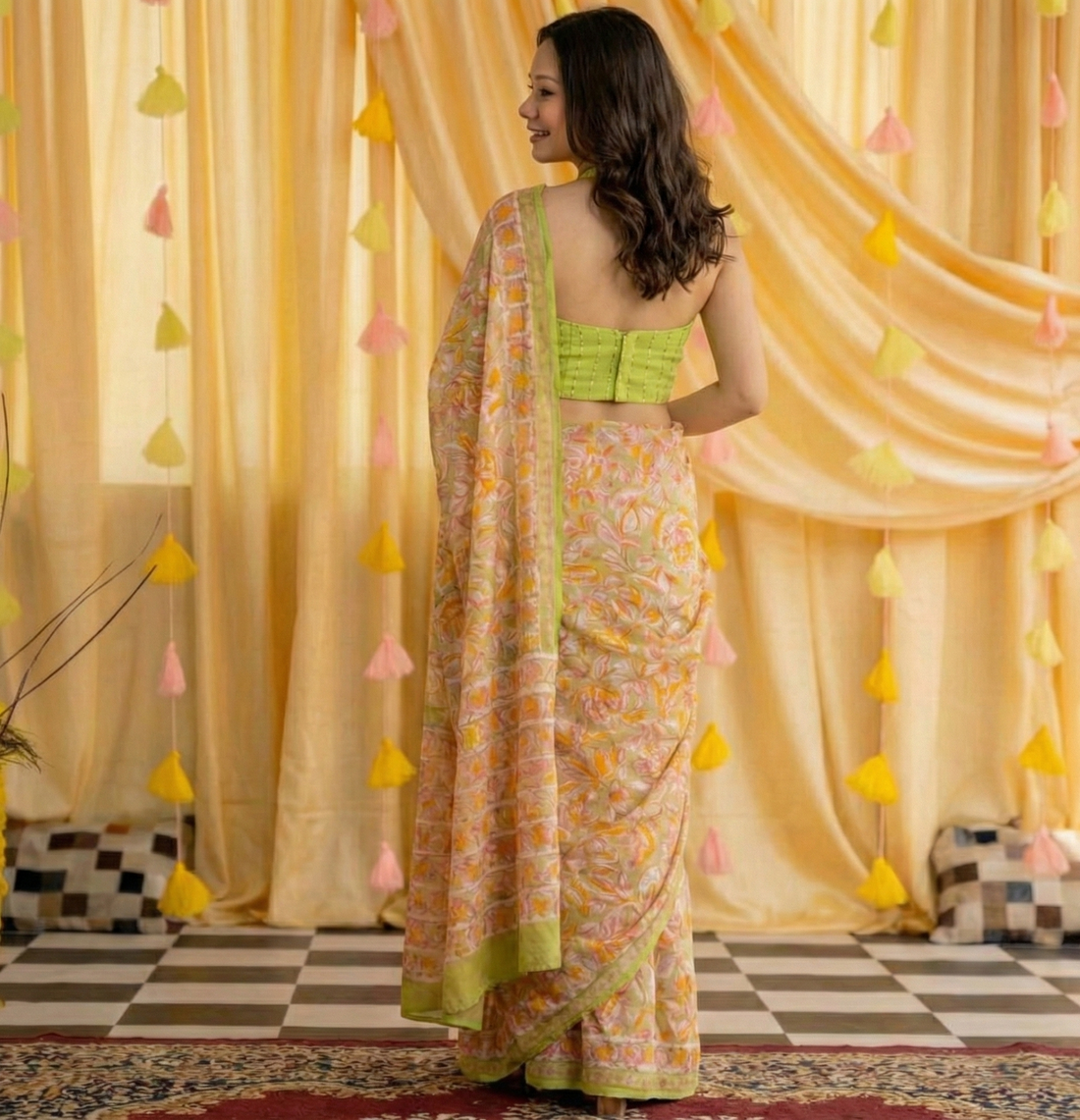 Yellow Mulmul Cotton Digital Print Saree with lime green Mulmul Blouse