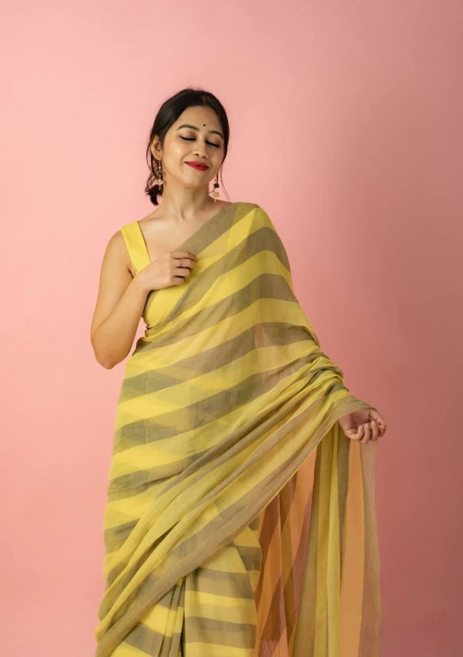 Yellow Mulmul Lightweight Cotton Digital Print Summer Saree