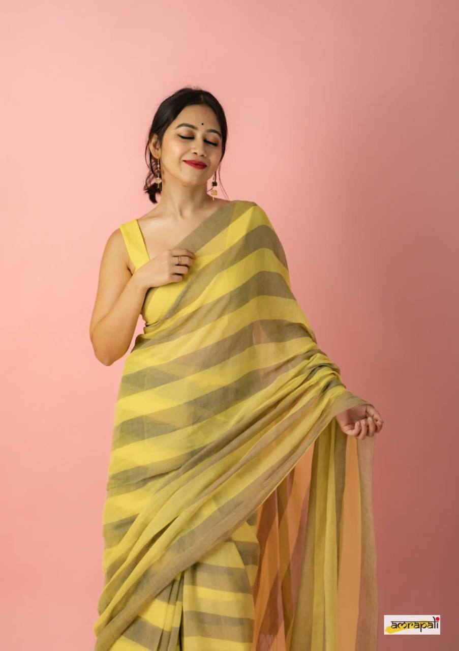 Yellow Mulmul Lightweight Cotton Digital Print Summer Saree