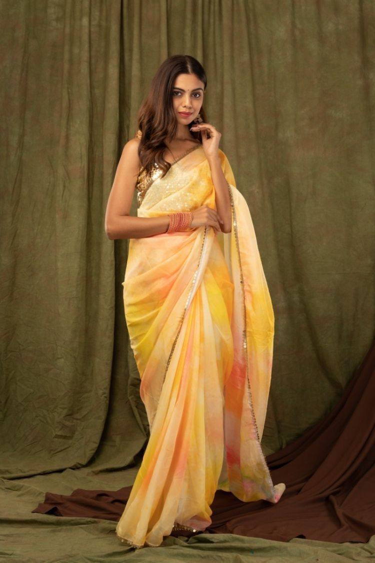 Yellow Pure Khadi Organza Saree with Golden Banglori Blouse