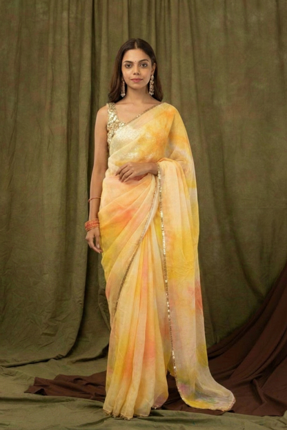 Yellow Pure Khadi Organza Saree with Golden Banglori Blouse