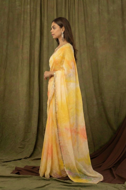 Yellow Pure Khadi Organza Saree with Golden Banglori Blouse
