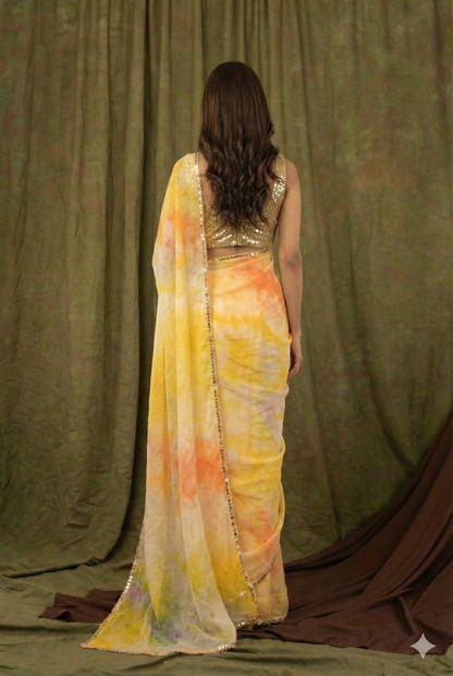 Yellow Pure Khadi Organza Saree with Golden Banglori Blouse