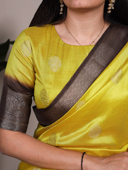 Yellow Rumali Silk Saree with Elegant Zari Weaving Matching Blouse