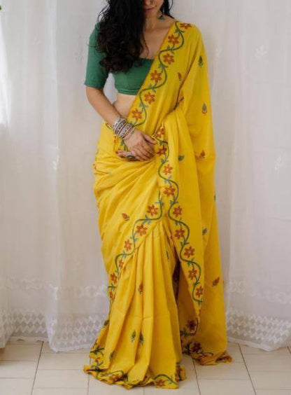 Yellow Soft Mulmul Cotton Digital Print Saree with Banglori Blouse