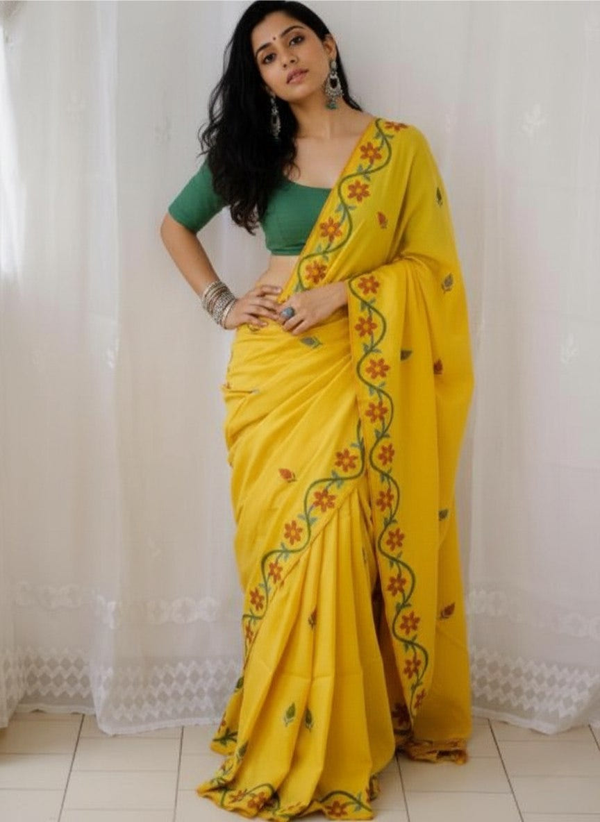 Yellow Soft Mulmul Cotton Digital Print Saree with Banglori Blouse