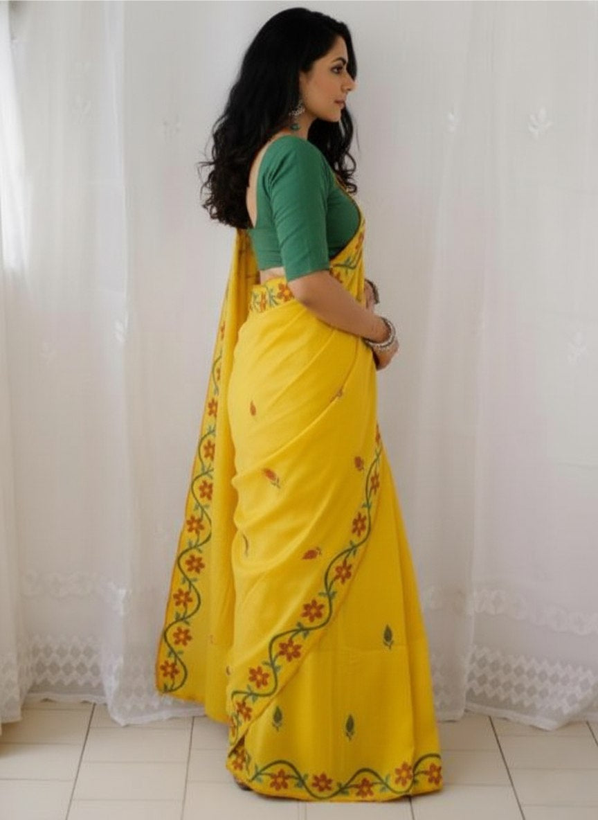 Yellow Soft Mulmul Cotton Digital Print Saree with Banglori Blouse