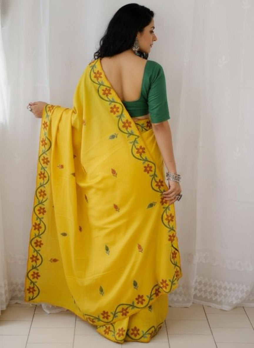Yellow Soft Mulmul Cotton Digital Print Saree with Banglori Blouse