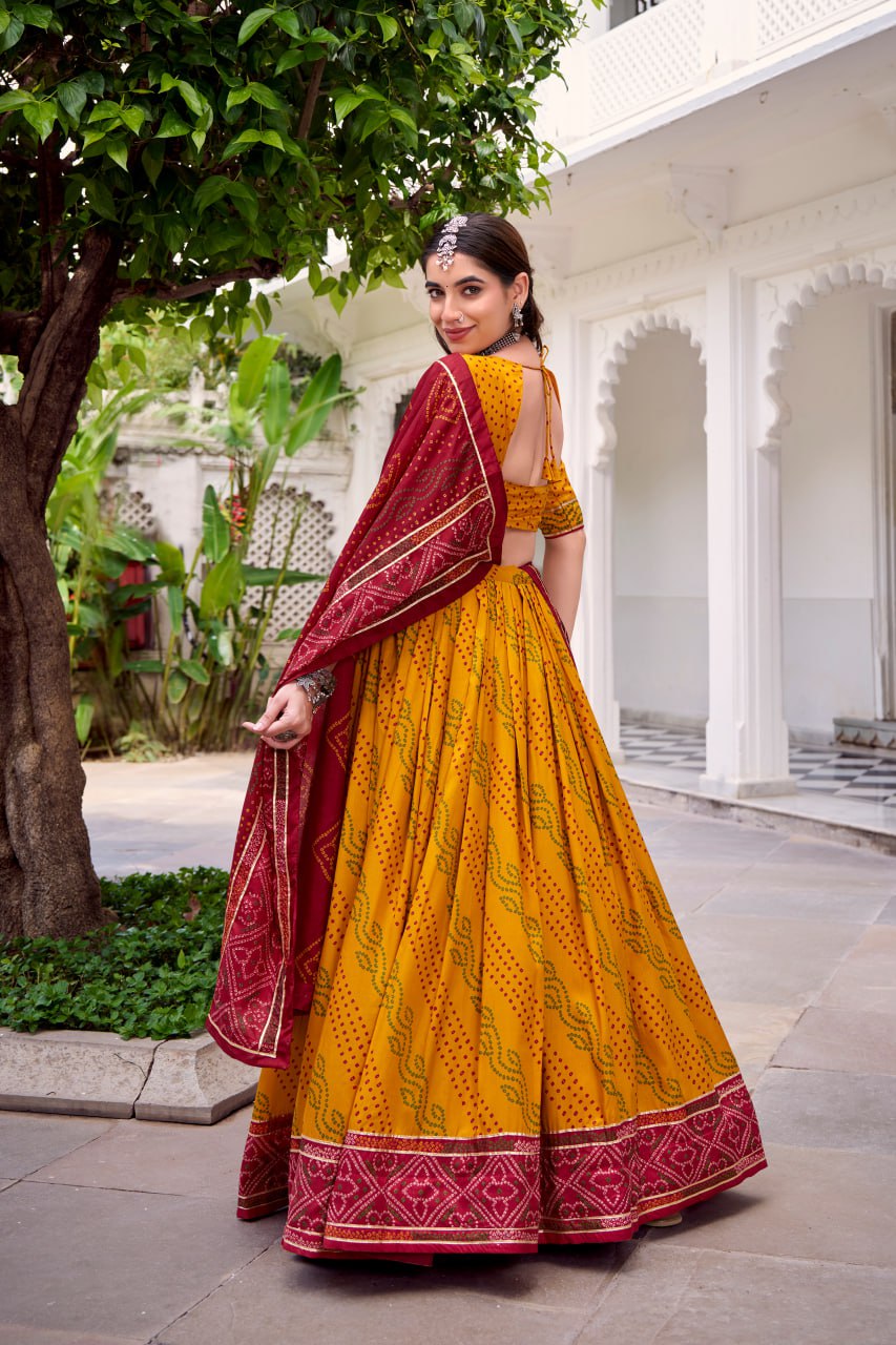 Yellow Tussar Silk Bandhani Print Lehenga Choli with Dupatta for Navratri - 2