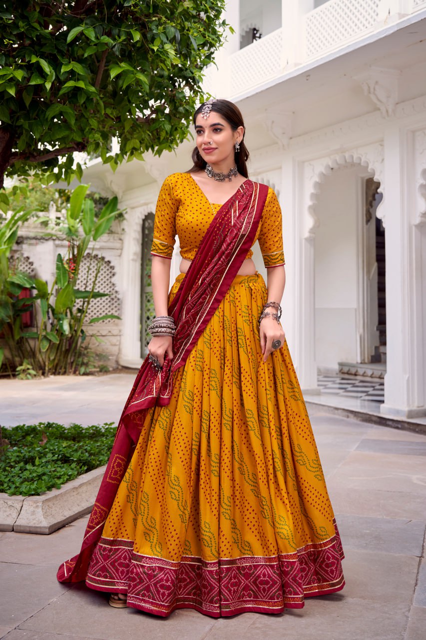 Yellow Tussar Silk Bandhani Print Lehenga Choli with Dupatta for Navratri