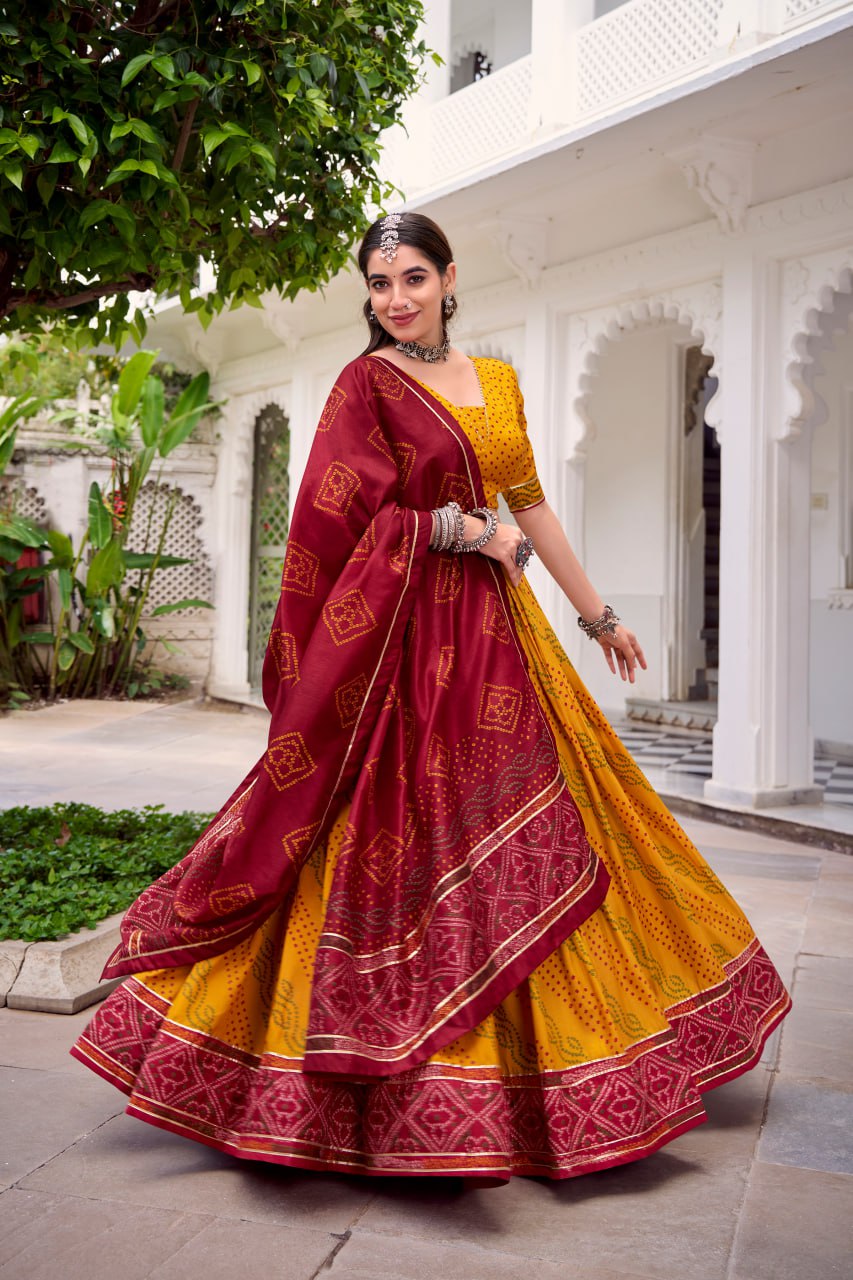 Yellow Tussar Silk Bandhani Print Lehenga Choli with Dupatta for Navratri