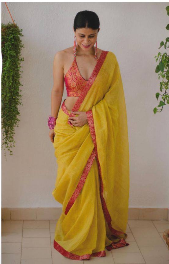 Yellow Upadda Silk Jacquard Weaving Saree with Banarasi Blouse